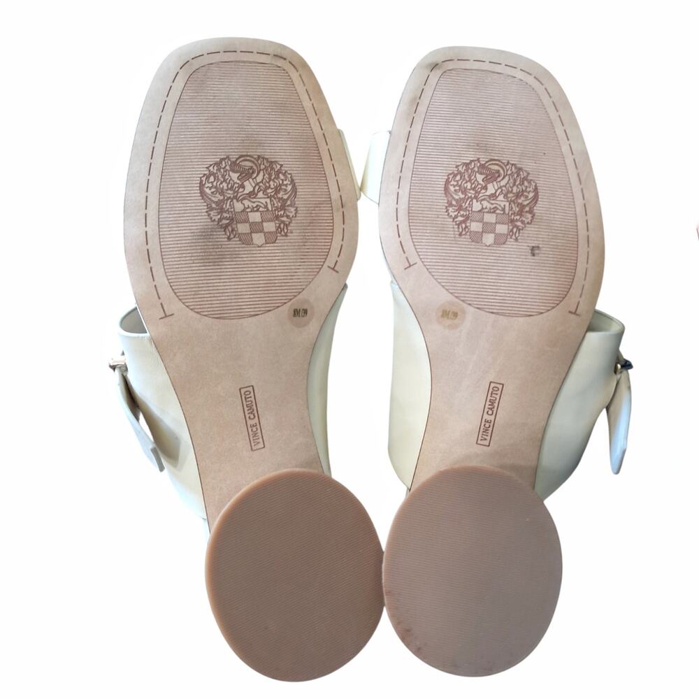 VINCE CAMUTO Cream Leather Lenqua Sandals Size 8M Round Block Heel Preppy Summer - Picture 8 of 10
